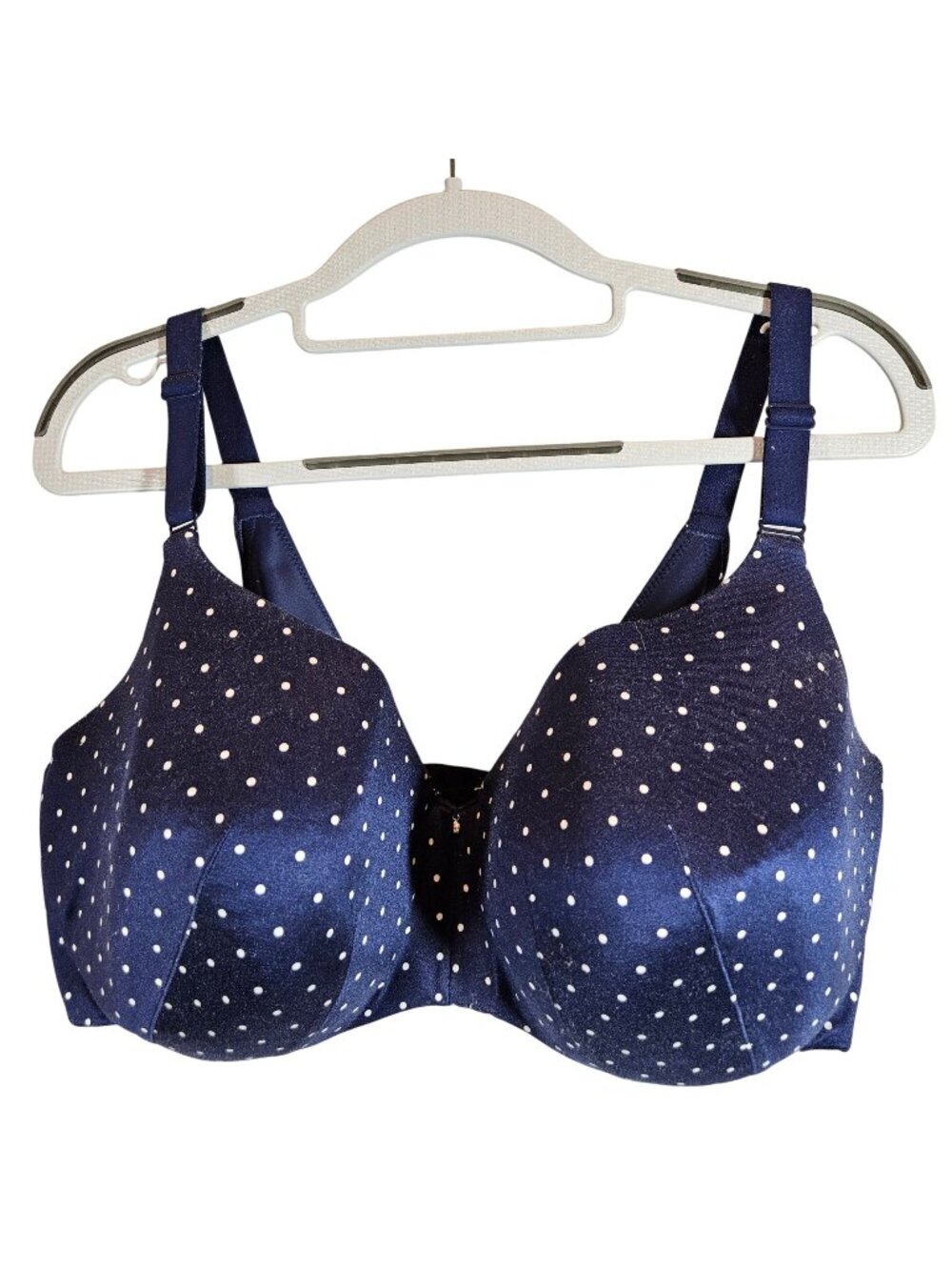 Cacique Lightly Lined Balconette Bra Navy Blue Polka Dot Size 42F Adjustable Str